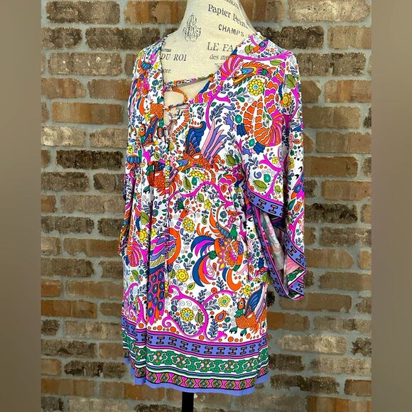 NWOT trina Turk caftan tunic beach swimsuit coverup lace up paisley pattern s XS - Picture 3 of 13